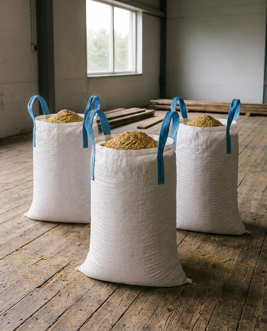 White bulk bags filled with meat and bone meal, feather meal and fish meal in a warehouse